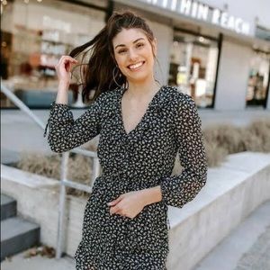 Kittenish Black and White Long Sleeve Floral Faux Wrap Dress